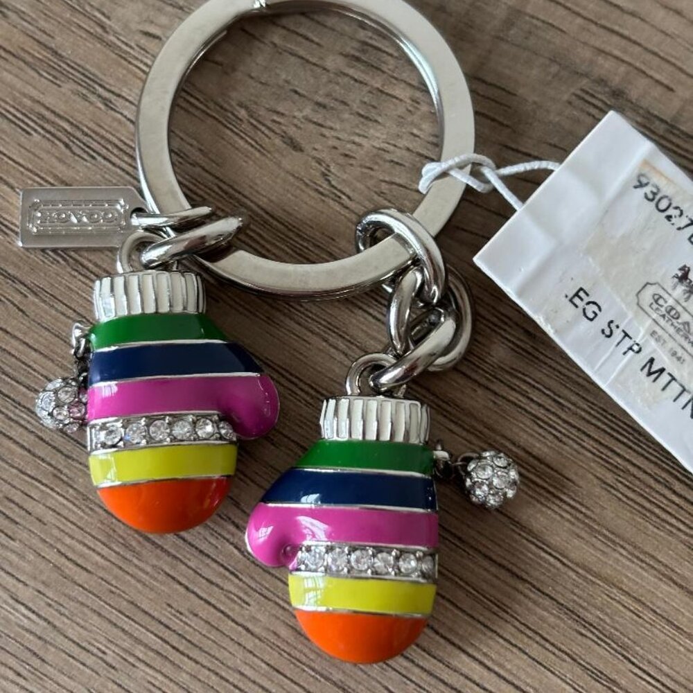 NWT Coach 93027 Multicolor Legacy Stripe Pave Crystal Mittens Key Ring Bag Charm - Picture 3 of 4